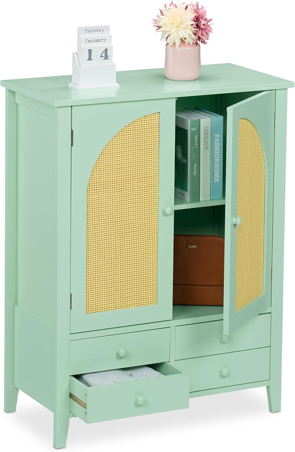 Relaxdays Sideboard, Rattan-Optik, 4 Schubladen, 2 Schrankfächer, HBT 90x70x34 cm, Wohnzimmer, Küche, Flur, türkis/Natur