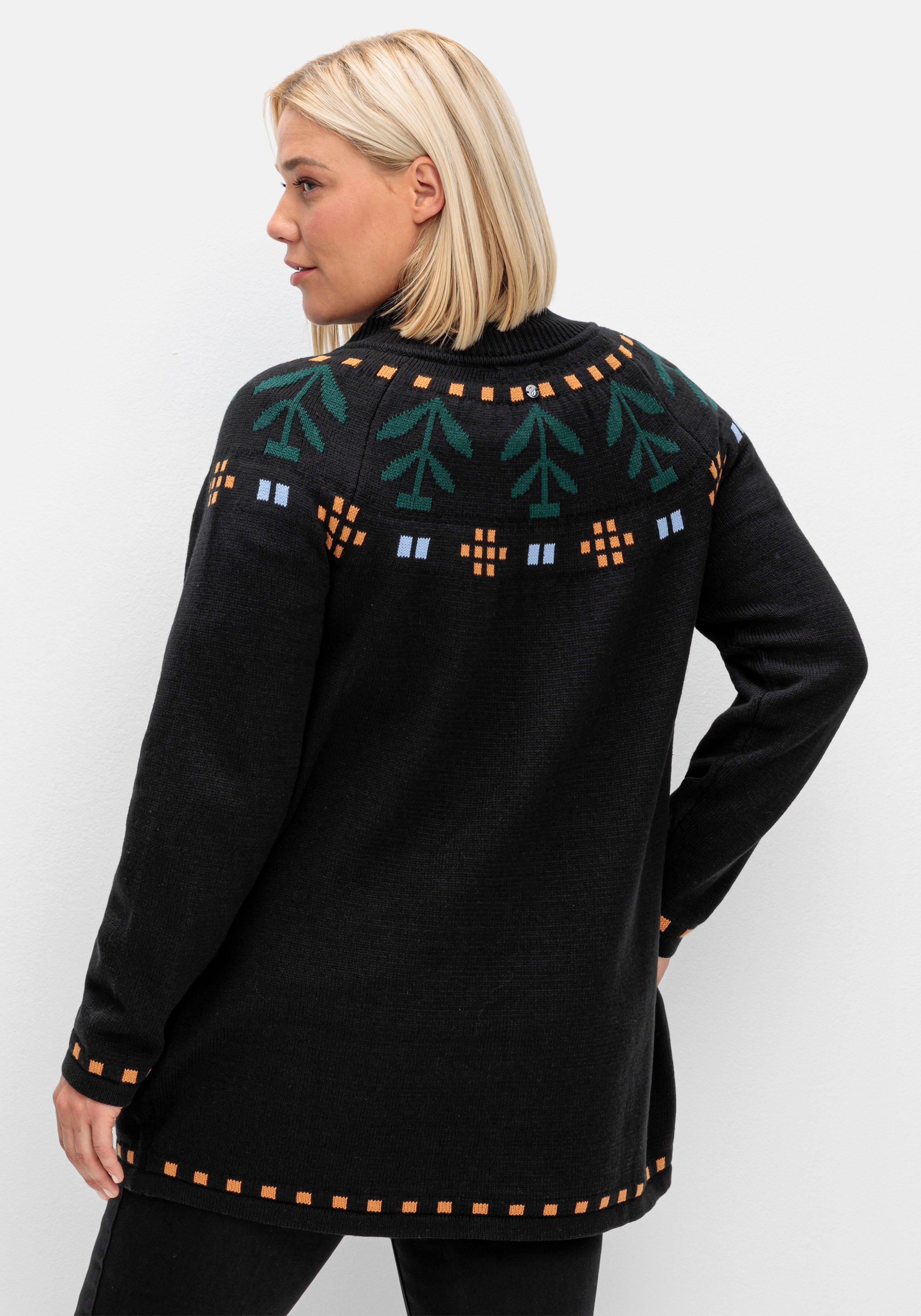 Longstrickjacke mit Intarsienstrick und Stehkragen