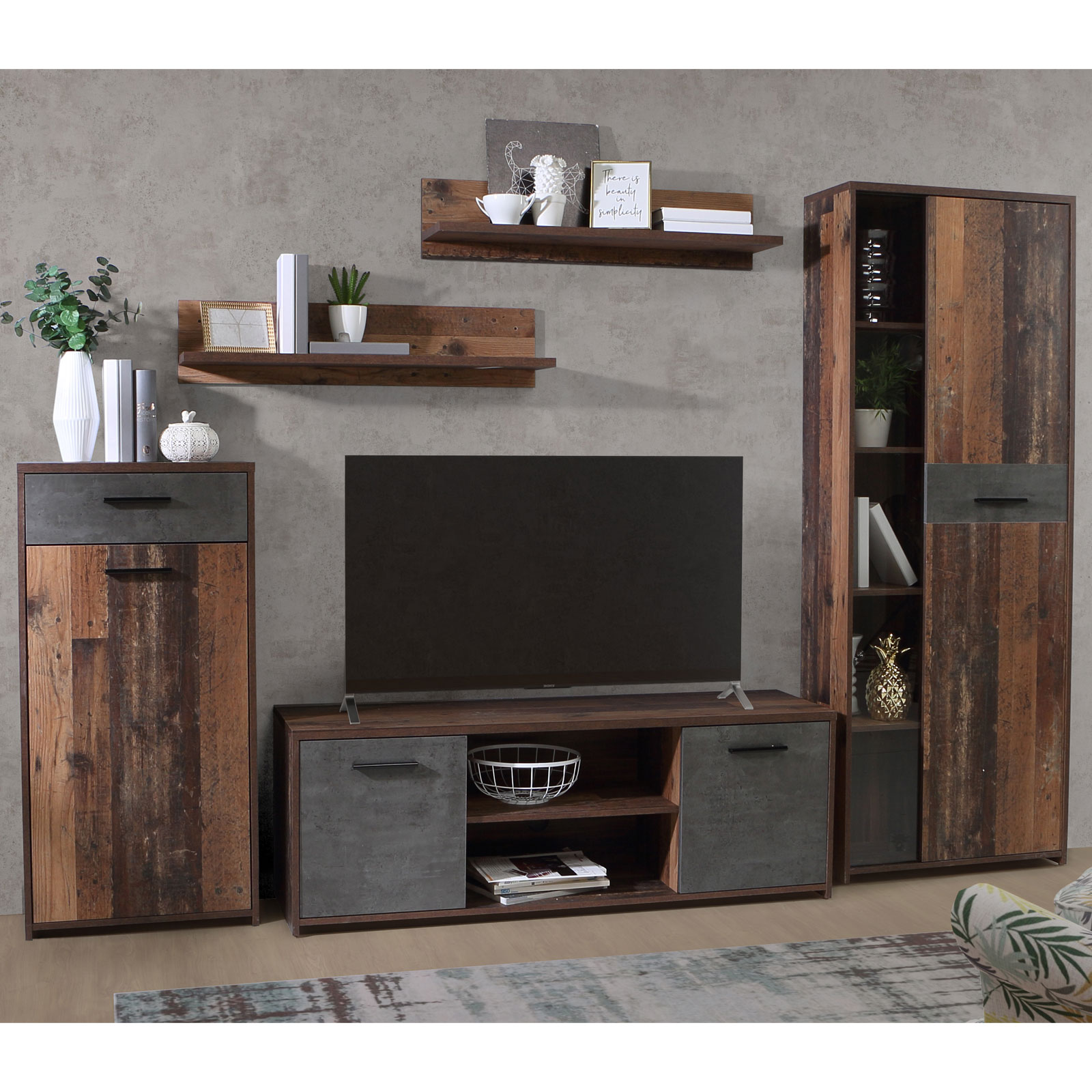 5-teilige Wohnwand - Old Wood Vintage - Betonoptik