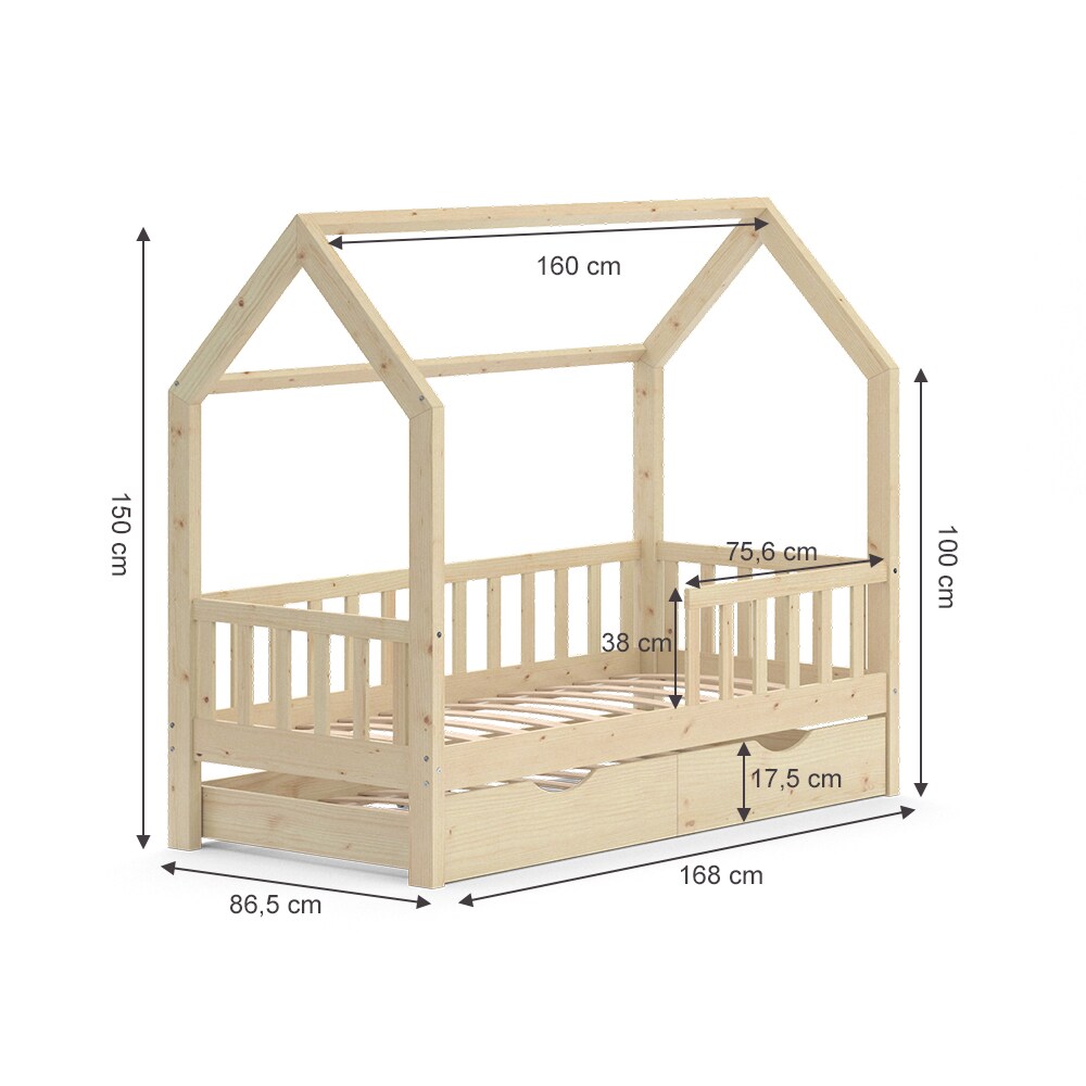 VitaliSpa Kinderbett Hausbett Gästebett Wiki Natur 80x160cm Schublade Lattenrost