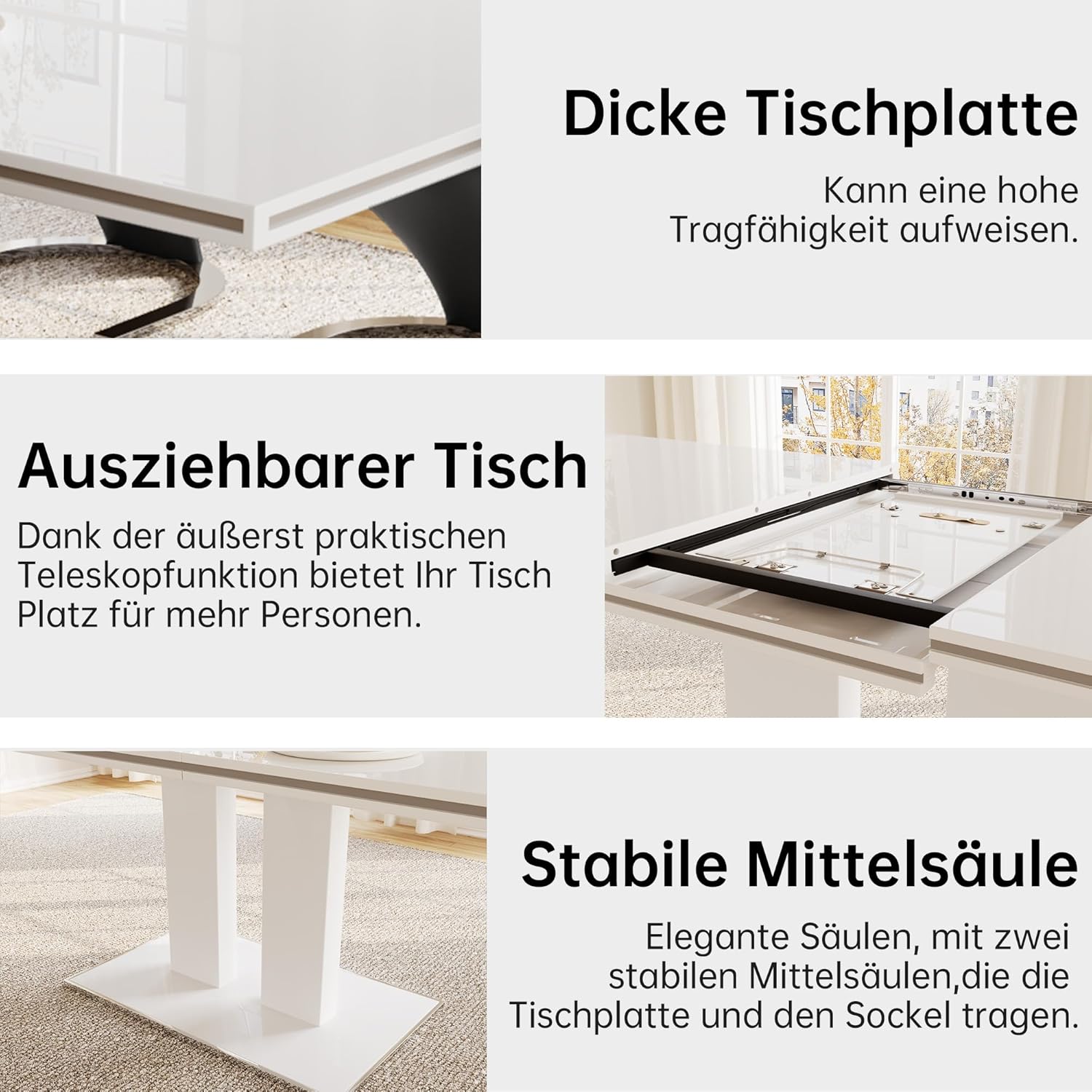 JIEXI Tisch Ausziehbar Moderner Esstisch, Rechteckiger MDF-Küchentisch 160-200cm, Esstisch mit Stabiles Untergestell, für 6-8 Personen, Küche, Wohnzimmer, Büro, Kleiner Raum