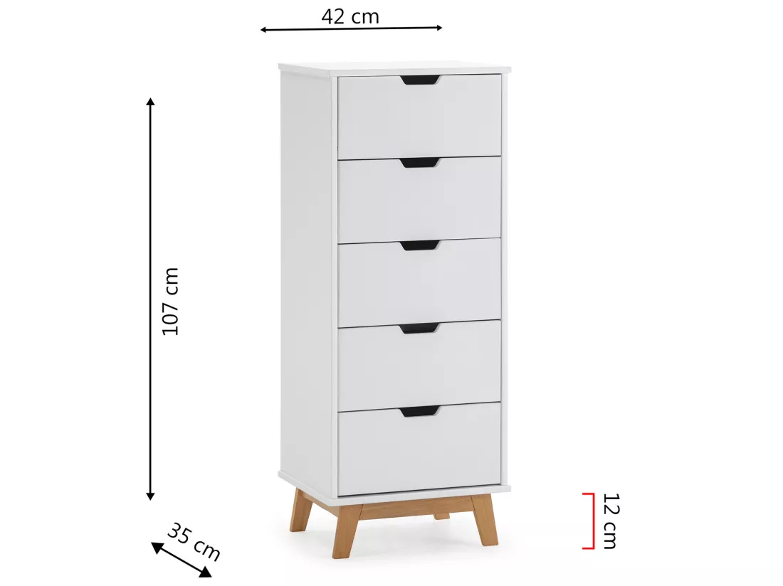 Chifonnier Miranda avec 5 tirois en Couleur Blanc, Pieds en Bois Naturel