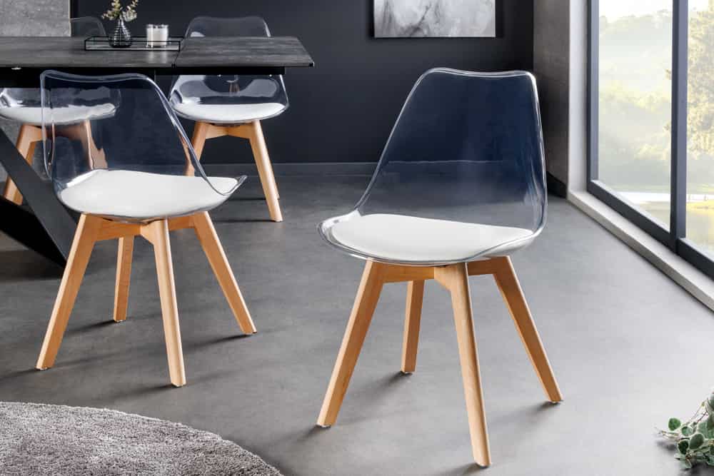 Design Stuhl SCANDINAVIA MEISTERSTÜCK transparent weiß Kunststoff Buchenholz natur