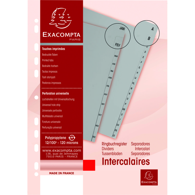 Intercalaires A4 polypropylène imprimés gris Exacompta 26 onglets alphabétiques - 1 jeu