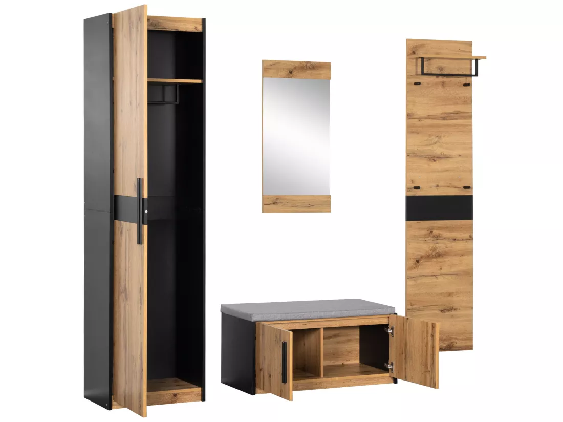 Vestiaire d'entrée avec miroir, armoire et banc à chaussures - Naturel foncé