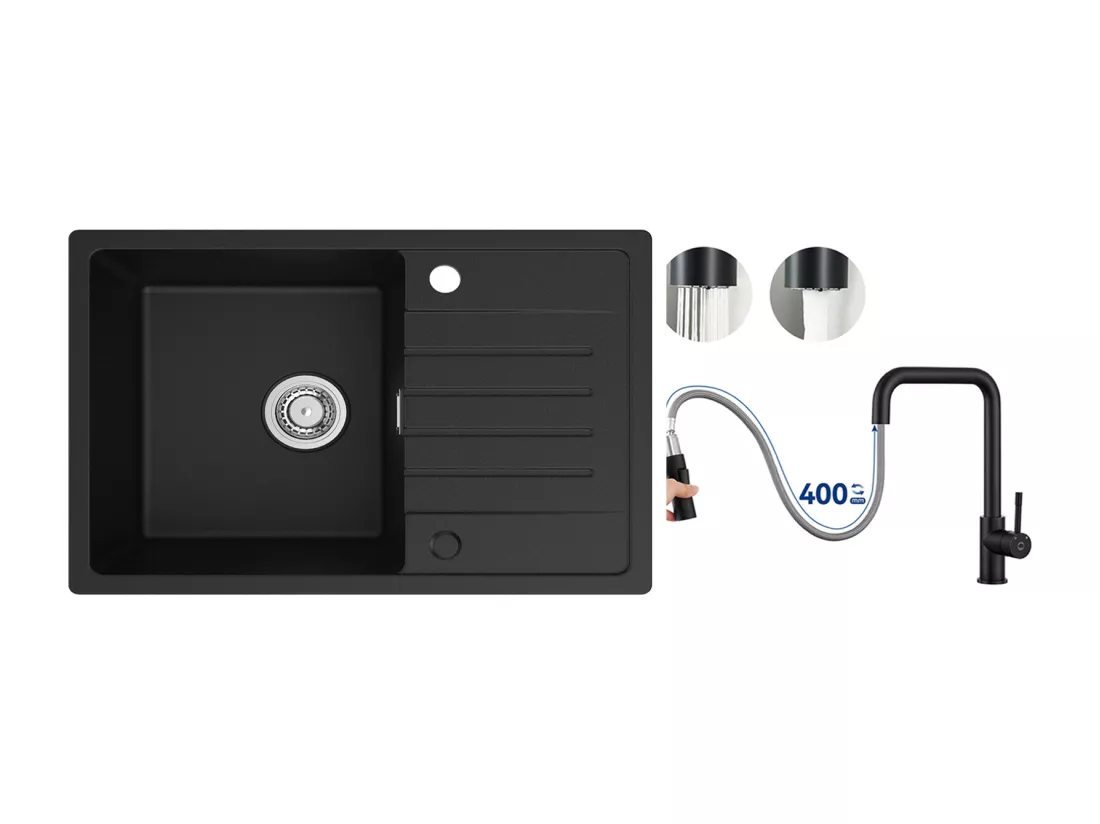 Evier 1 Bac en Quartz et Résine - Noir Evier avec Egouttoir 78x45cm + Mitigeur avec Douchette Extractible, Noir