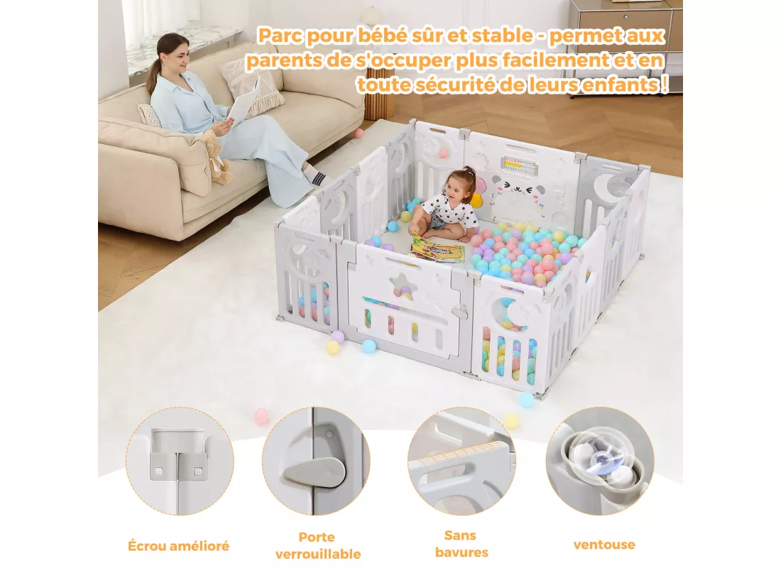 Parc Bébé 12+2 Panneaux,Barrière de Sécurité Portail,Grille de Protection en Plastiqu Ecologiques,150x150x62cm - Gris