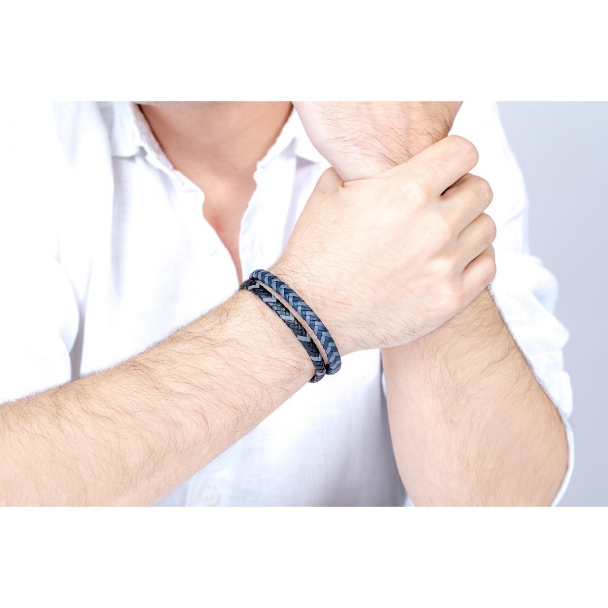 Bracelet souple mono-motif en Acier 316L et cuir - blanc brillant