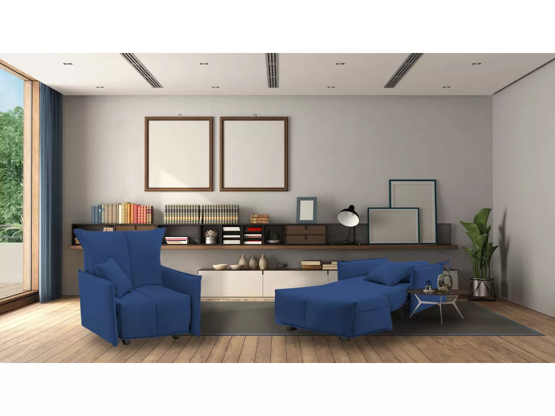 Canapé-lit Dabari, Canapé simple, 100% Made in Italy, Fauteuil de salon avec ouverture trolley, en tissu rembourré, avec accoudoirs standards, 110x90h85 cm, Bleu