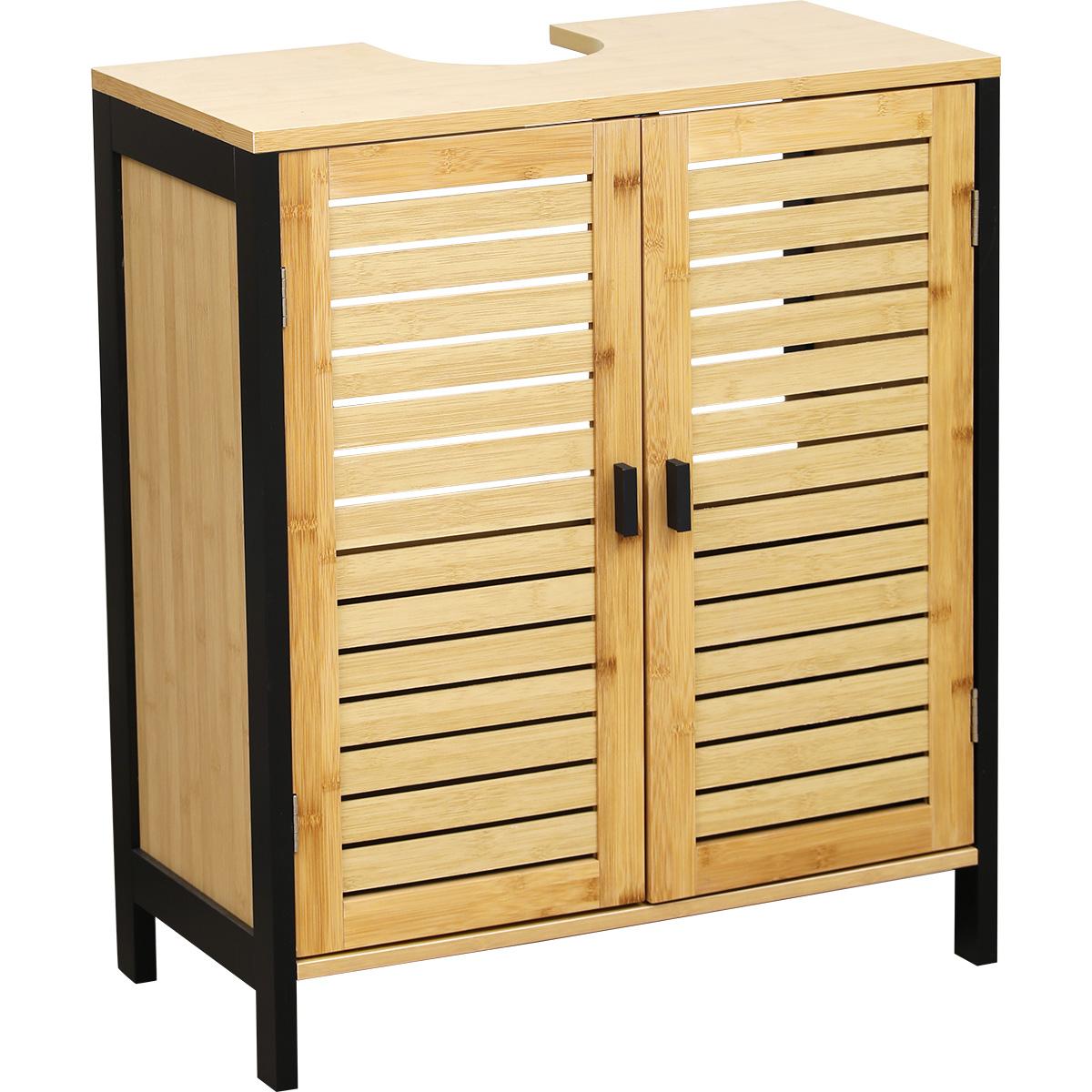 MEUBLE SOUS LAVABO BAMBOU 2 PORTES POIGNEES METAL 1 ETAGERE