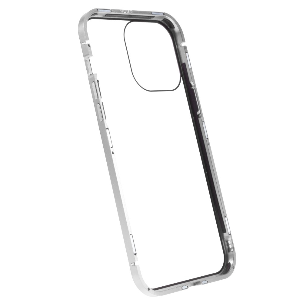 iPhone 14 Pro Max Magnetische Alu Schutzhülle mit Panzer Glas Backcover   Privacy Glas Displayschutz (Magnet-Technologie) - Silber