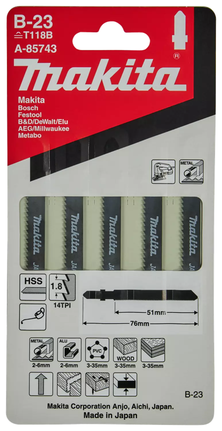 Makita A-85743 HSS Decoupeerzaagblad B23 - Metaal / Aluminium (5st)
