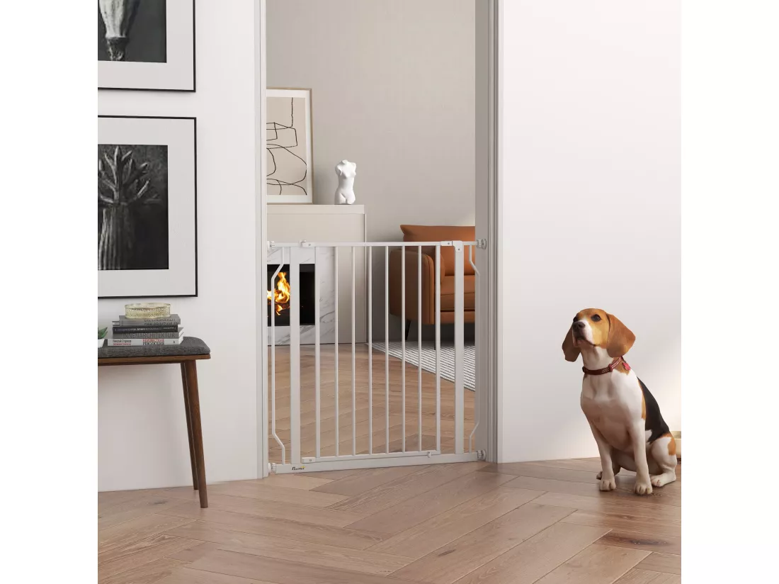Barrière de sécurité barrière pour animal domestique longueur réglable barrière escaliers couloirs portes sans perçage en acier et ABS dim. 75-85L x 76H cm blanc