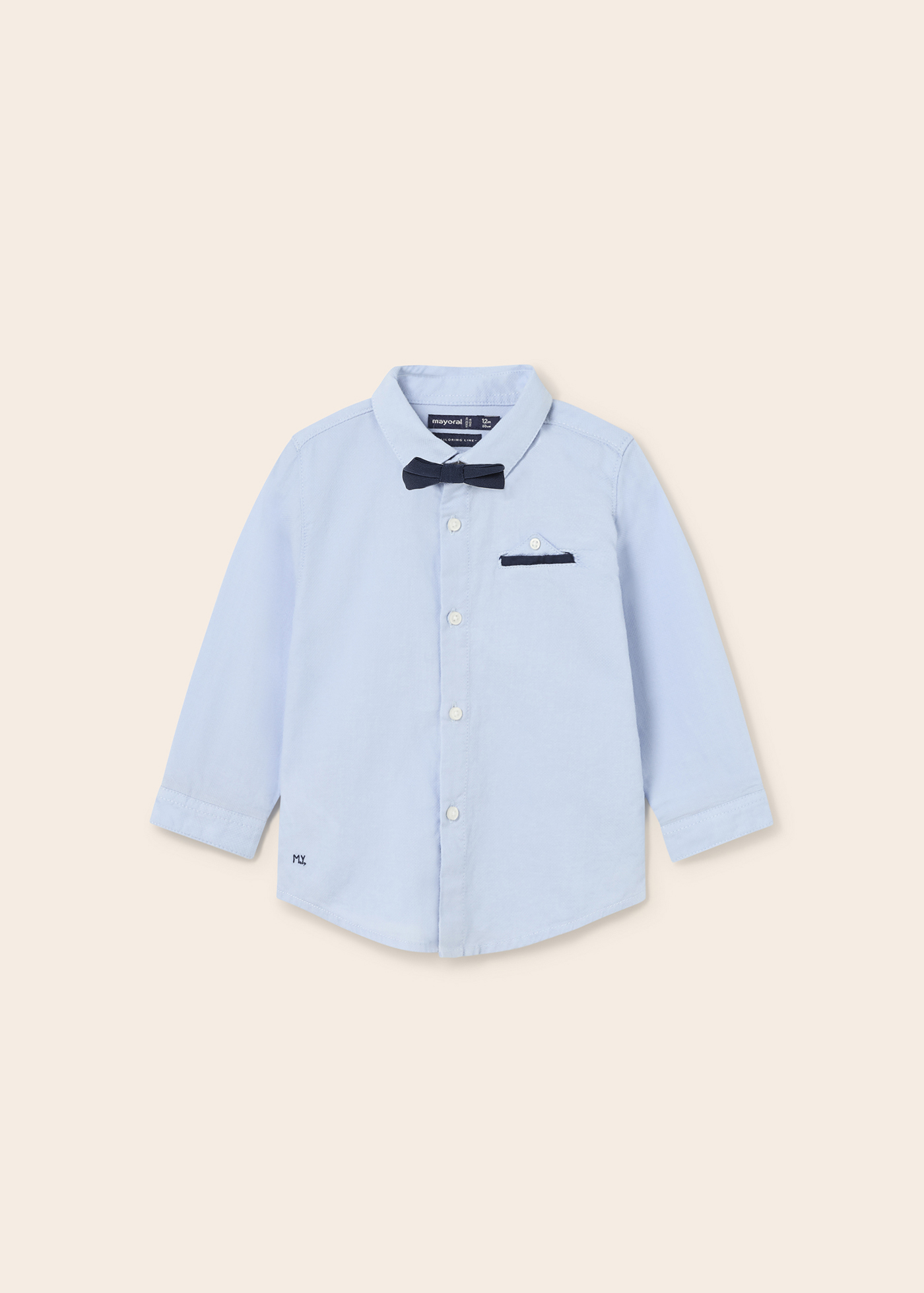 Camisa de manga comprida com gravata borboleta para bebê, feita de algodão sustentável.