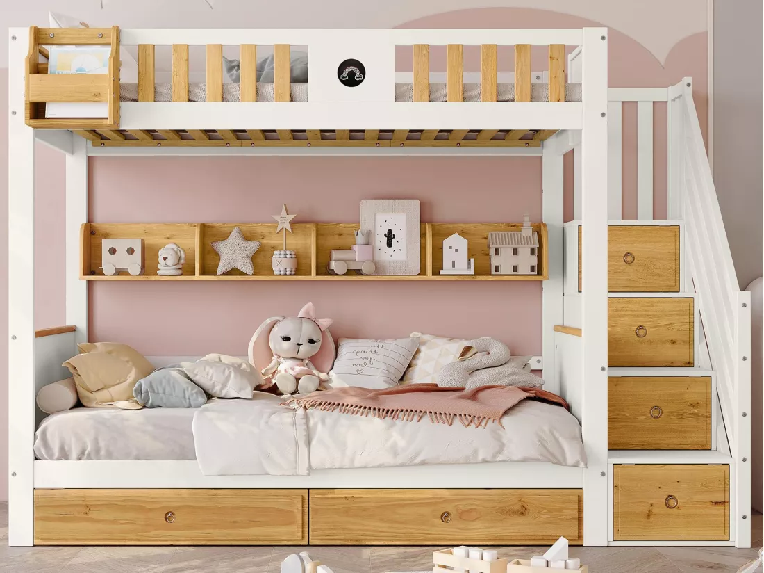 Lit superposé avec escalier de rangement - 90x200cm - 4 casiers dans l'escalier et 2 tiroirs sous le lit - avec sommier à lattes - Blanc