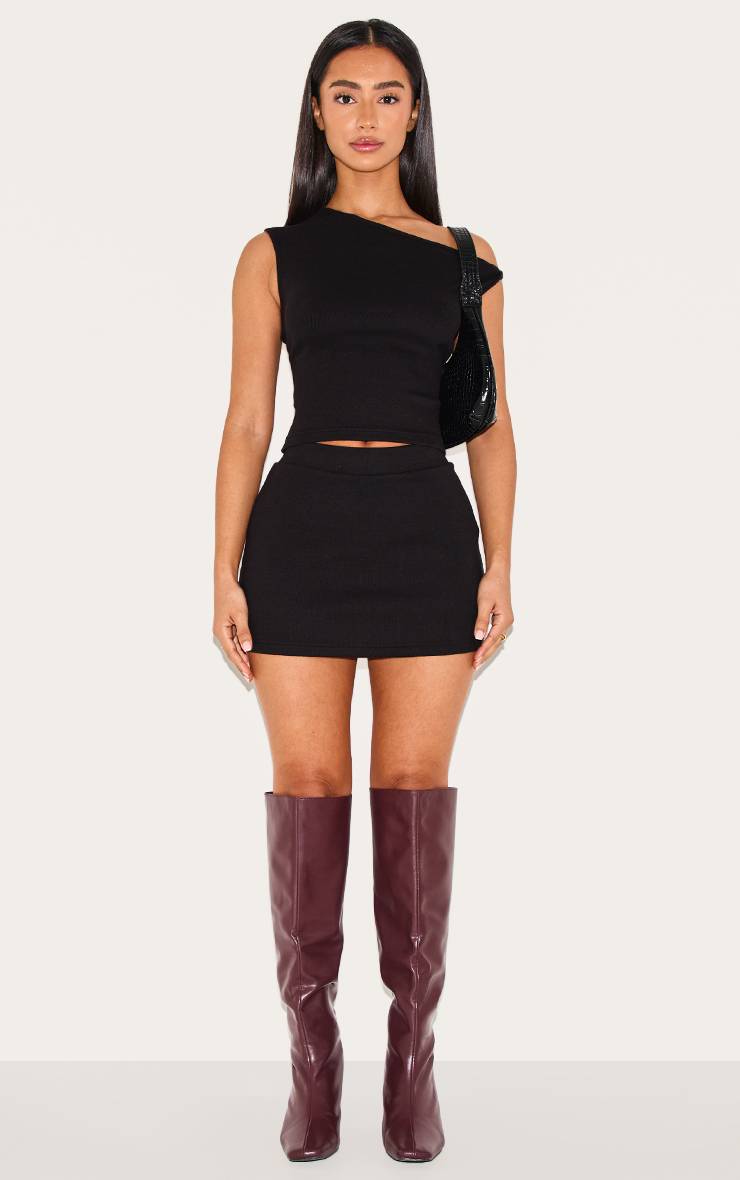 Noir Mini-jupe Côtelée Taille Haute Petite
