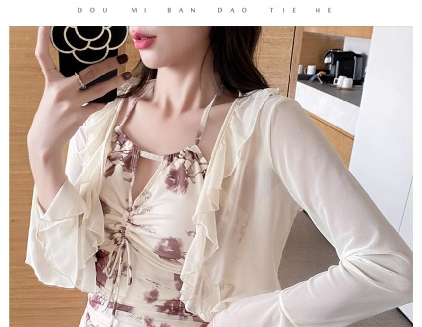 Starleraid - Set: Halter badpak met bloemenprint en sleutelgatkoord + effen geplooid jasje