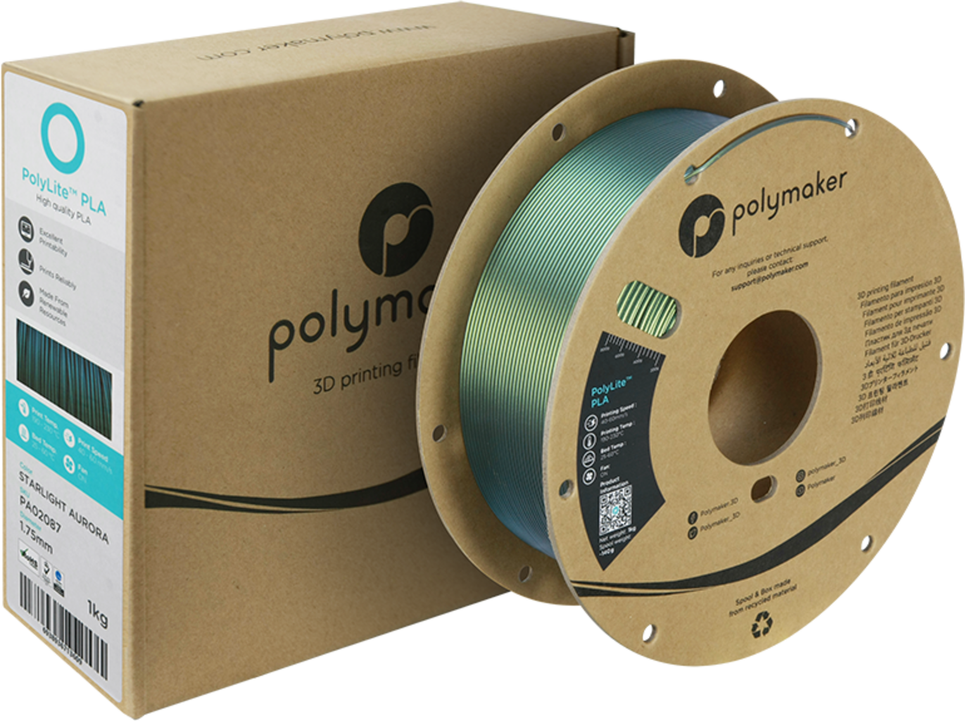 Polymaker  PolyLite PLA Starlight Aurora, 1,75 mm / 1000 g    PLA Filament mit wechselndem Farbeffekt