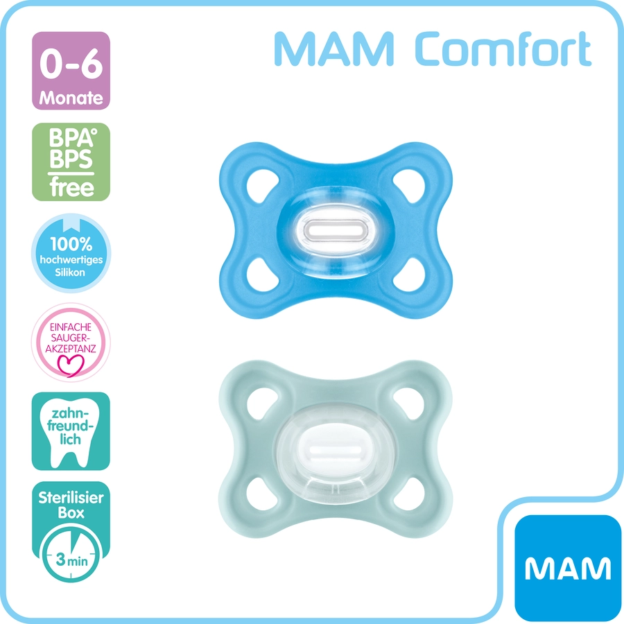 MAM Schnuller Comfort Silikon, 0-6 Monate, 2 Stk, blau + mint