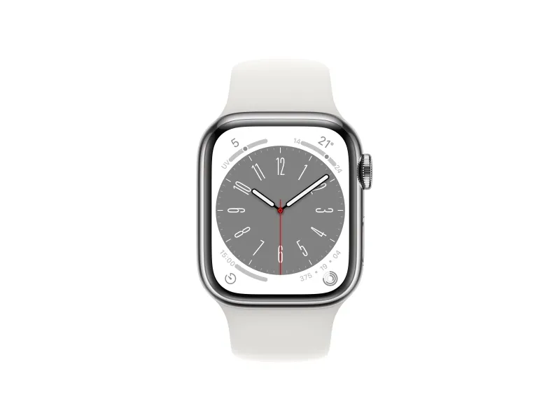 Apple Watch Series 8 (GPS   Cellular) - 41 mm - sølv rustfrit stål - smart ur med sportsbånd - fluoroelastomer - hvid - båndstørrelse: Almindelig - 32 GB - Wi-Fi, Bluetooth, LTE, UWB - 4G - 42.3 g