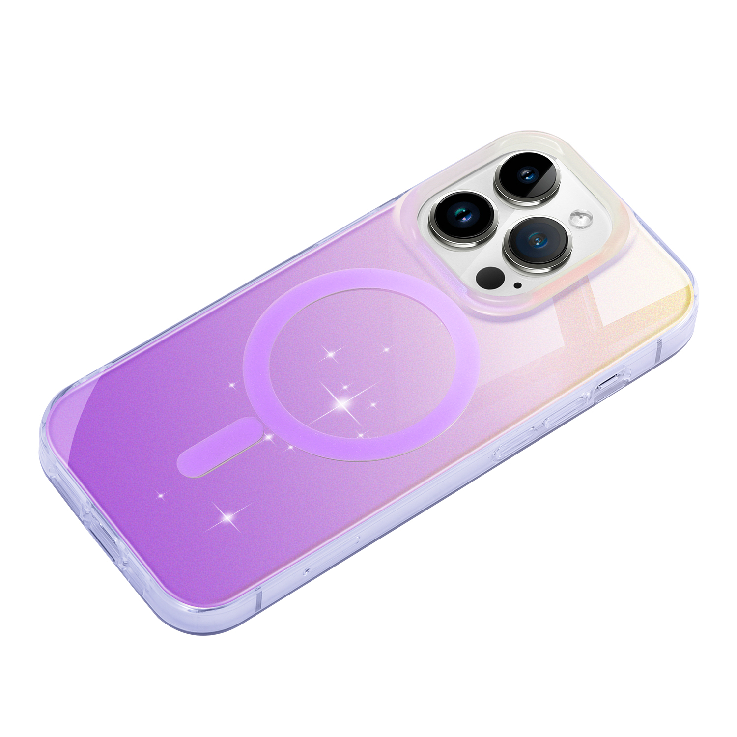 iPhone 15 MagSafe Hülle mit Acryl Rückseite und Laser Hologramm im Glitzer Design - Grün