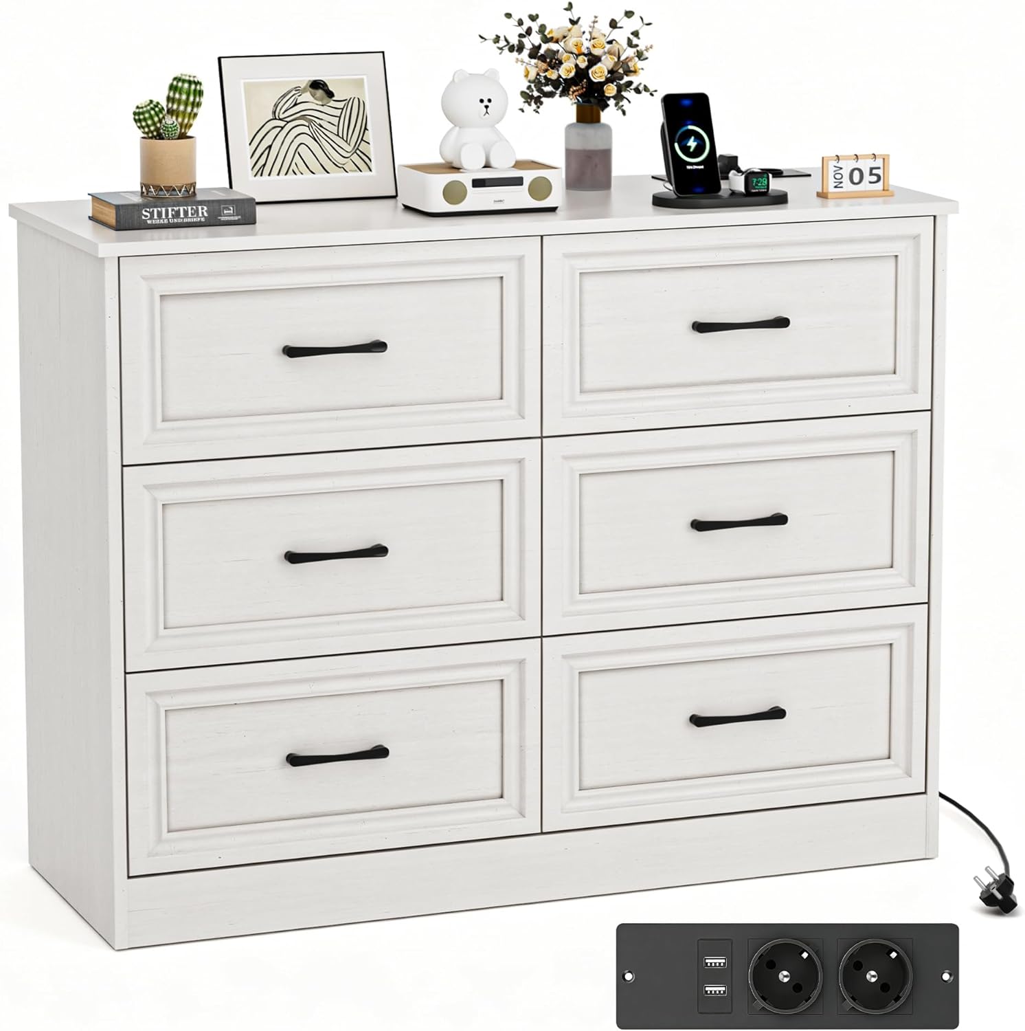 Kommode mit Steckdosen, Komode mit 6 schubladen, 2 USB & 2 AC-Anschlüssen, Komodenschrank Holz, für Schlafzimmer, Wohnzimmer, Flur, 106 x 81.5 x 39 cm, Weiß