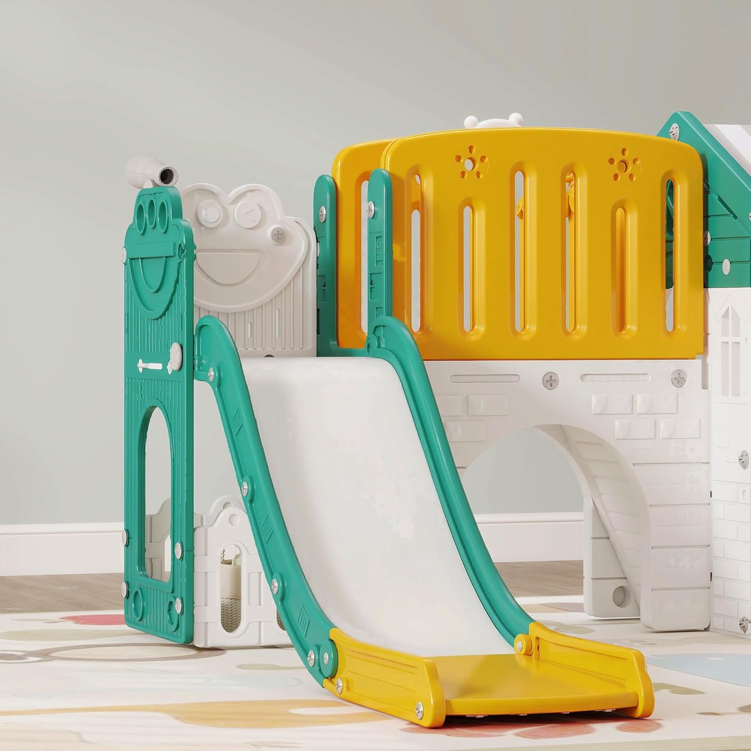 AIYAPLAY 7 in 1 Kinderrutsche mit Klettergerüst Kleinkindrutsche mit Basketballkorb, Tunnel, Teleskop, Stauraum, Spielhaus, Indoor und Outdoor Spielplatz für Kleinkinder 1-4 Jahre, Gelb+Grün