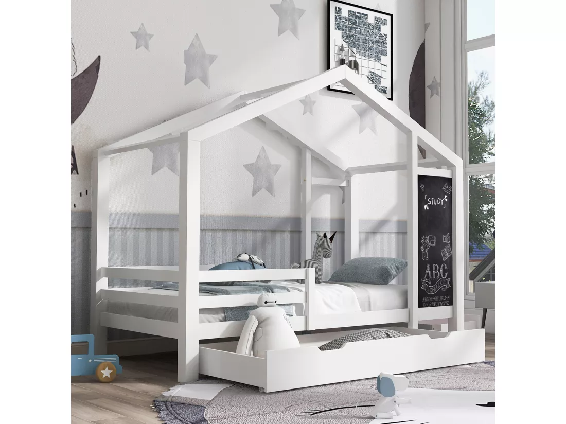 Lit gigogne cabane 2 x 90 x 200 cm - 2 tiroirs - Pin - Blanc - Sweiko