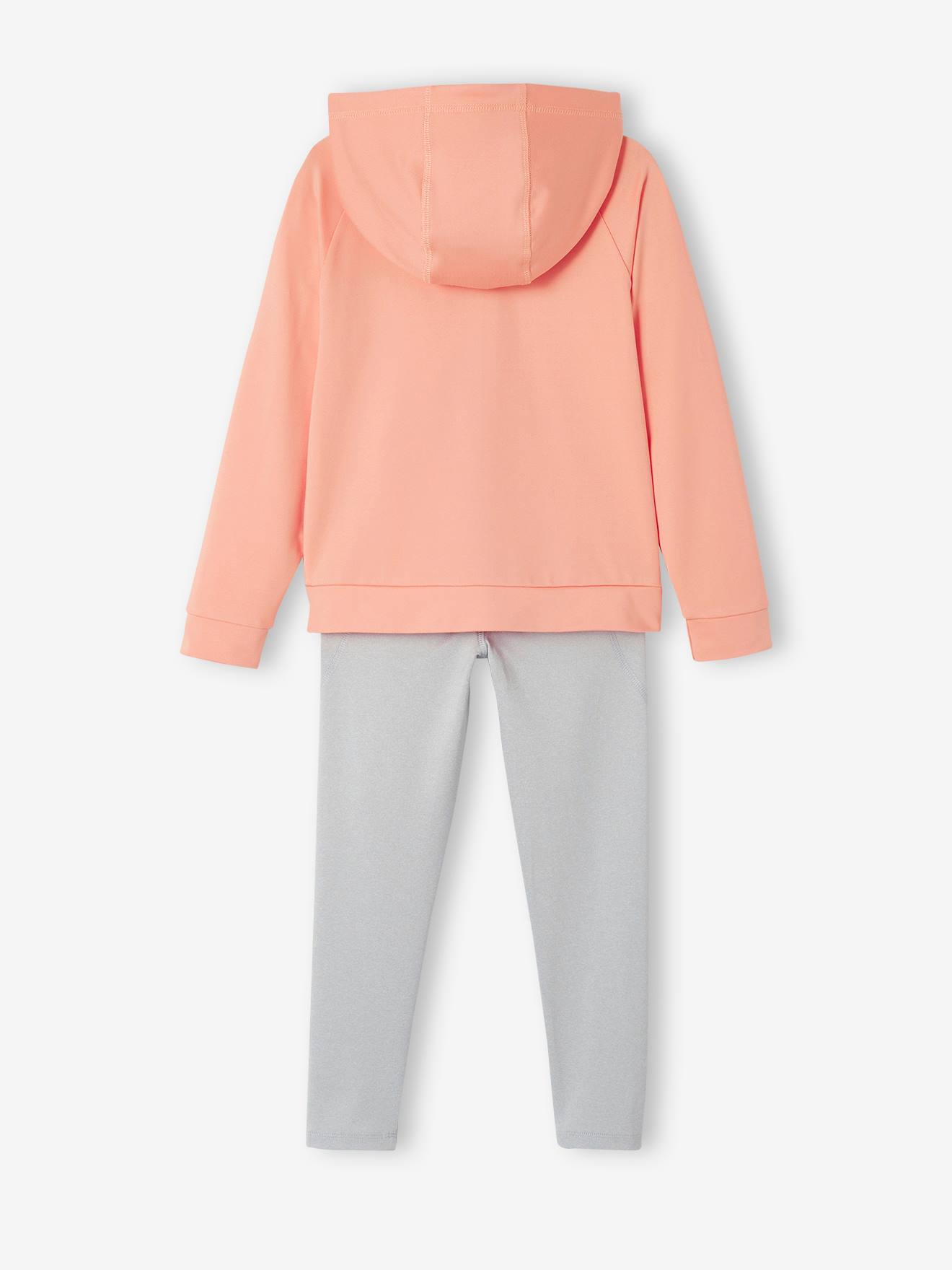 Conjunto de agasalho feminino cor pêssego: blusa de moletom com zíper e calça legging técnica.