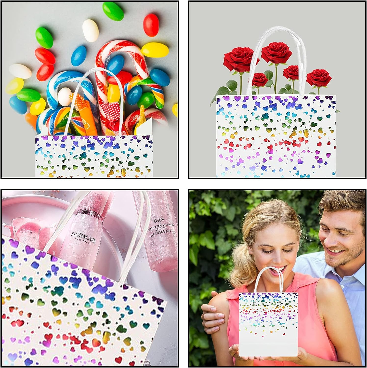 (12er Set) 15x21cm Kraftpapier Tüten Geschenktasche Herzen Papiertüten Gift Bags - Weiss / Bunt