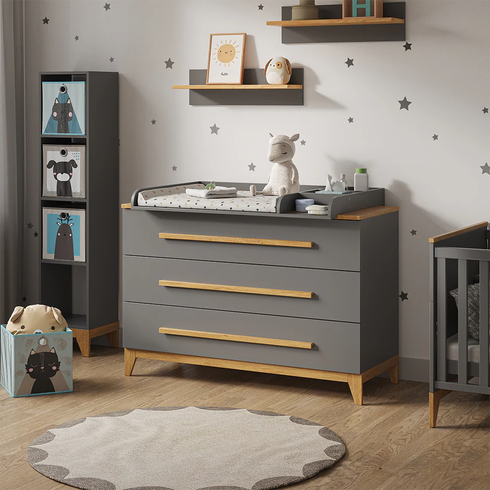 VitaliSpa Wickelkommode Malia XL 133 x 98 cm, Grau Eiche, Wickeltisch inkl. Wickelauflage