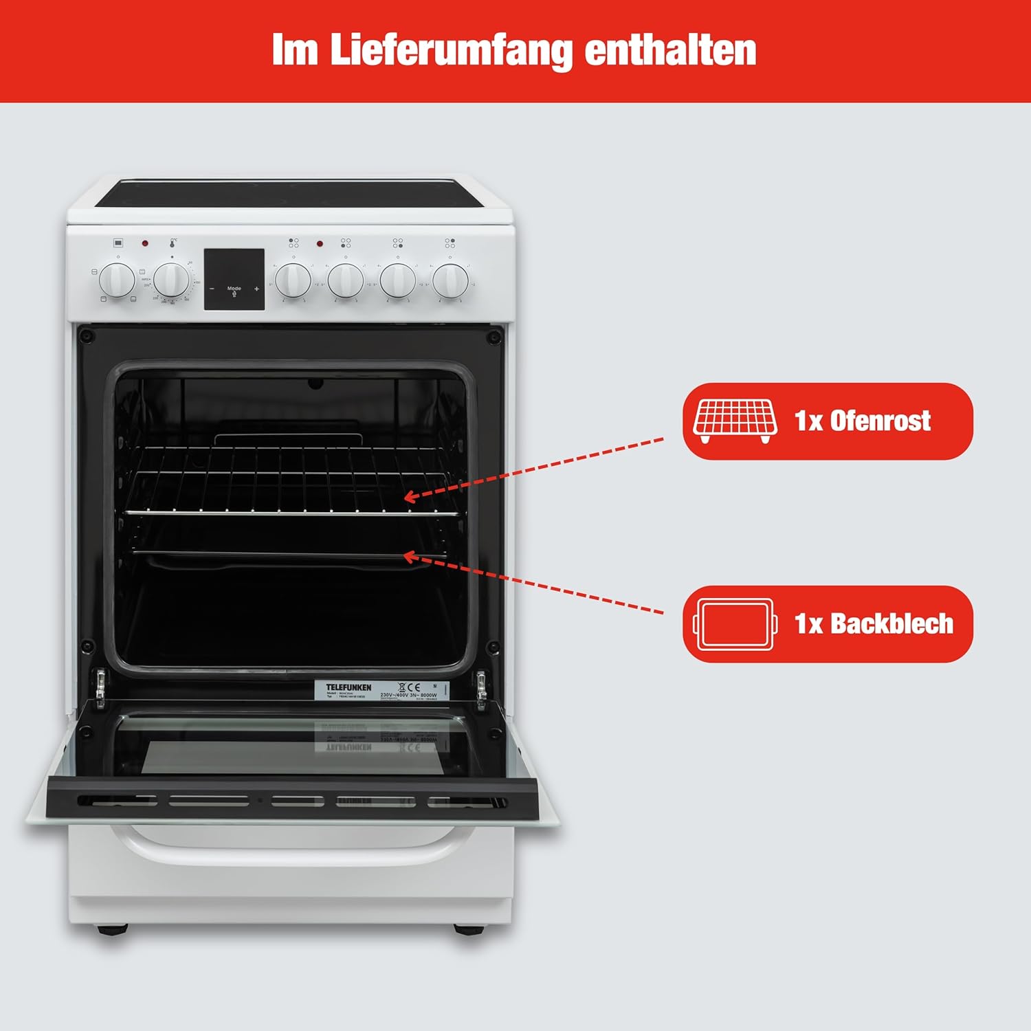 Telefunken Standherd mit Glaskeramik-Kochfeld | Elektroherd freistehend 50 cm breit | Herd mit Backofen und Kochfeld | 55 Liter | 5 Betriebsarten | 4 Kochzonen | LED-Display | EEK A | Weiß | BSHC55AI