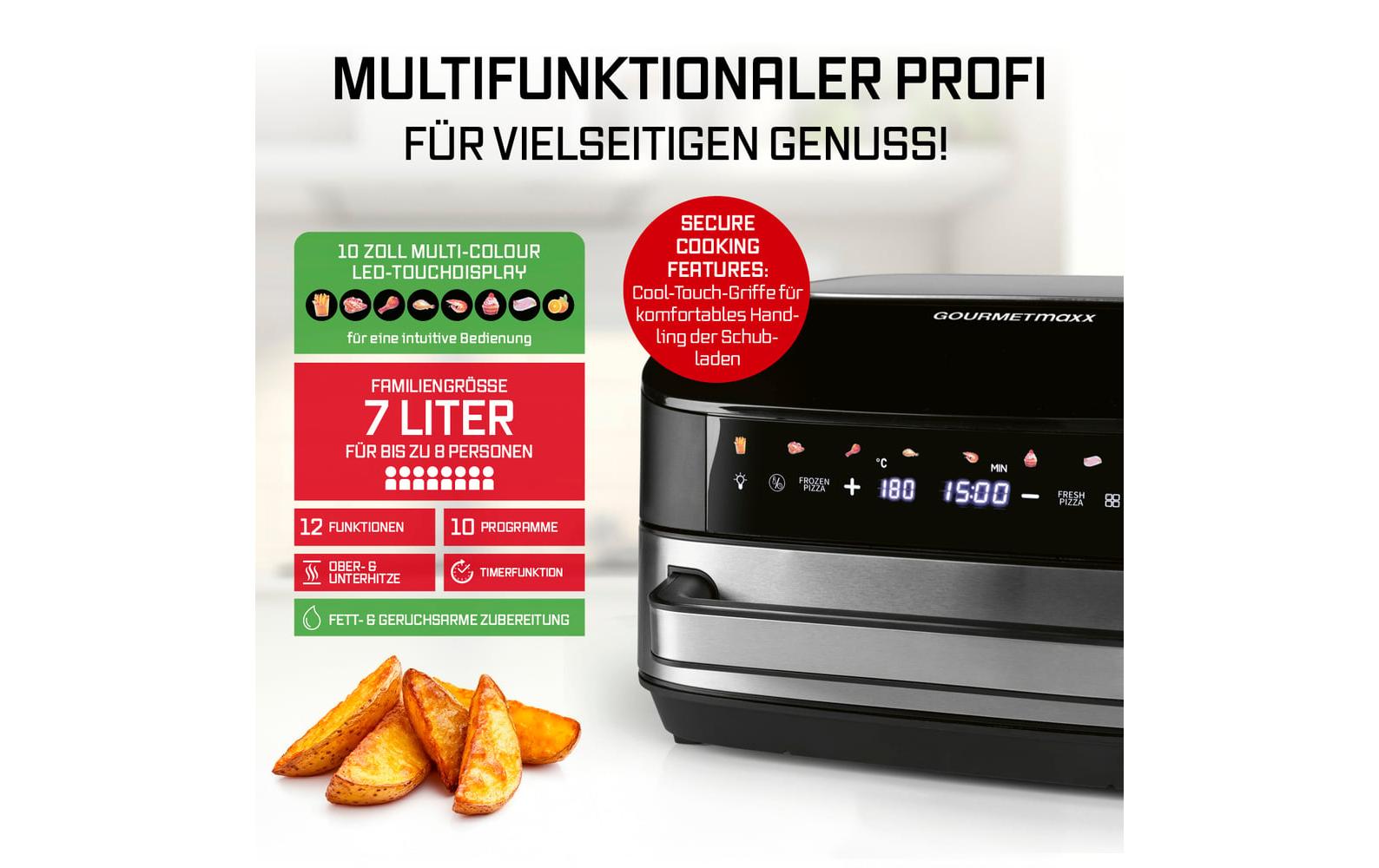 Heissluftfritteuse mit XXL-Garfläche 7 l<br>Heissluftfritteuse für fettarmes Garen