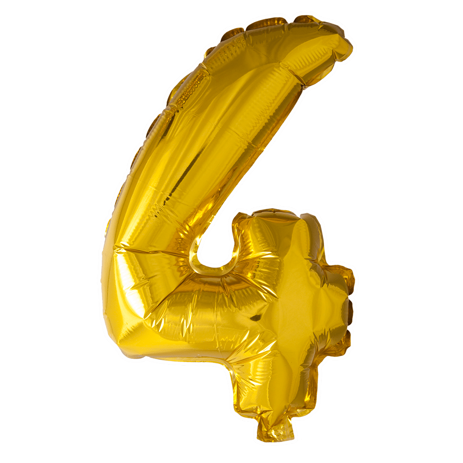 Folie Ballon Cijfer 4 Goud 41cm met Rietje