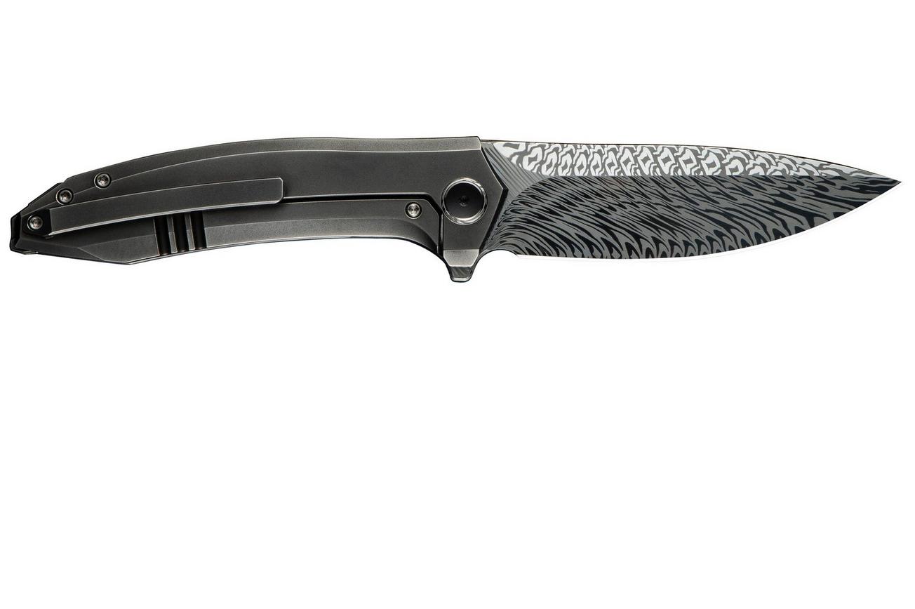 WE Knife Acuminal WE23070-DS1 Fafnir Damasteel, Polished Gray Titanium, zakmes