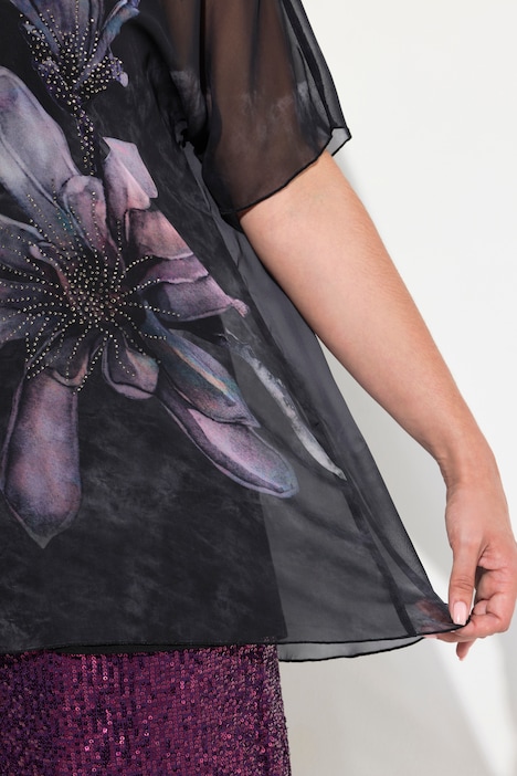 Bluse, doppellagig, Blüten, A-Linie, Rundhals, Halbarm