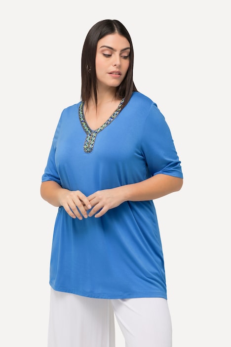 T-Shirt, Perlen, A-Linie, Tunika-Ausschnitt, Halbarm