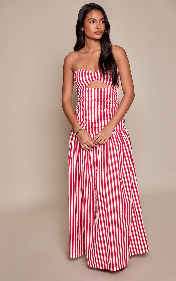 Rouge Robe Maxi Bandeau À Rayures Effet Lin Avec Découpe Buste