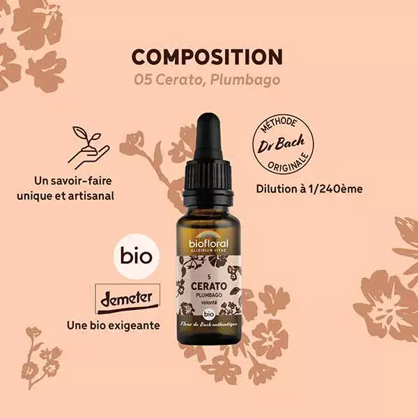 Florais de Bach Biofloral 05 Cerato Plumbago em gotas, Orgânico com Certificação Demeter, 20 ml