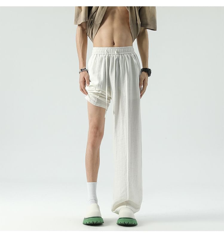 POSI - Effen broek met wijde pijpen en trekkoord in de taille
