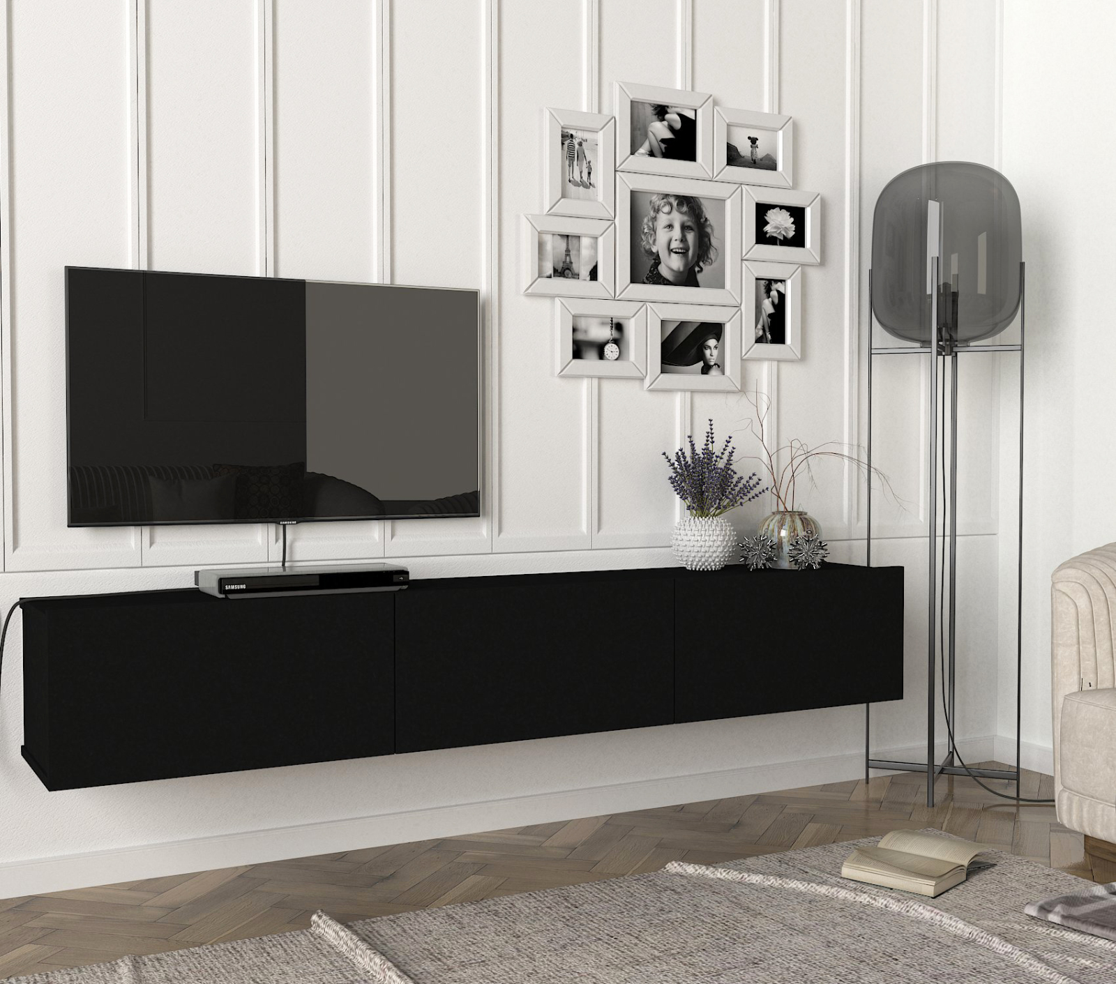 TV-Lowboard - schwarz - hängend - 180 cm