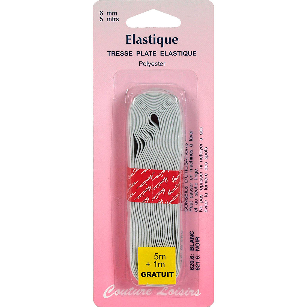 Elastique tresse plate blanc 6mmx5m