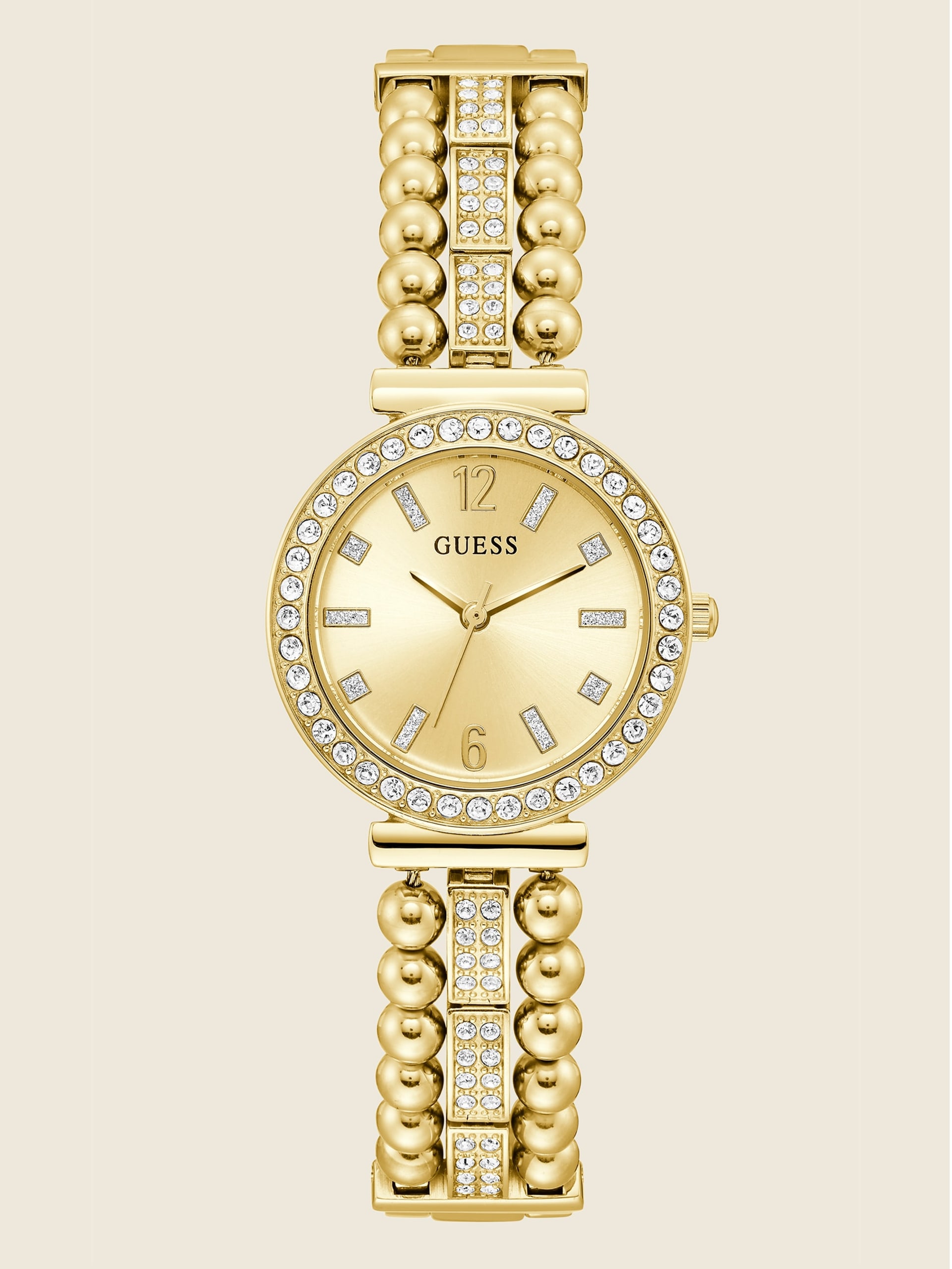 Relógio analógico dourado com strass