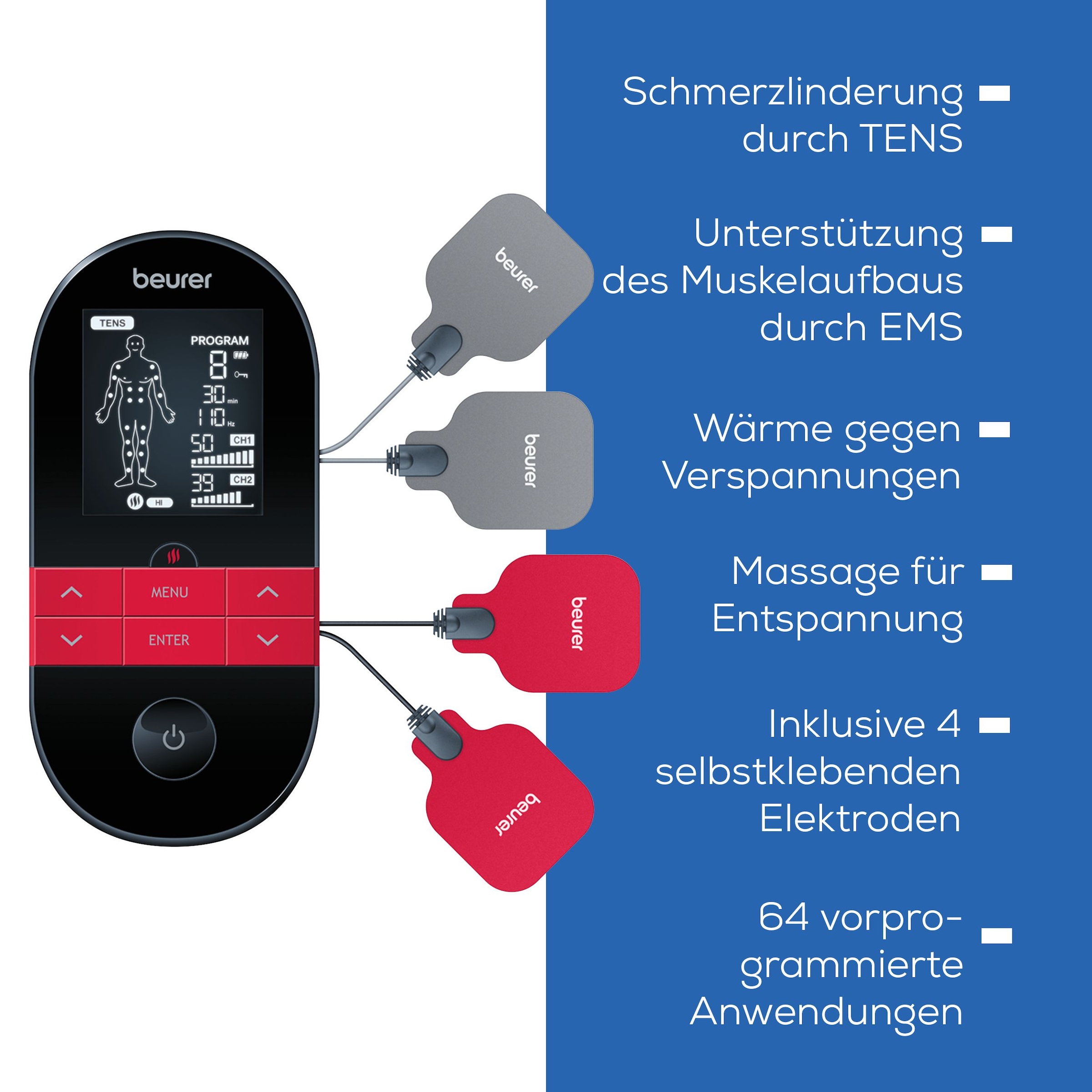 BEURER TENS-EMS-Gerät »EM 59 Heat, Reizstromgerät mit Wärmefunktion und 4 Elektroden« 3-in-1: TENS (Schmerzlinderung), EMS (Muskelstimulation) und Massage