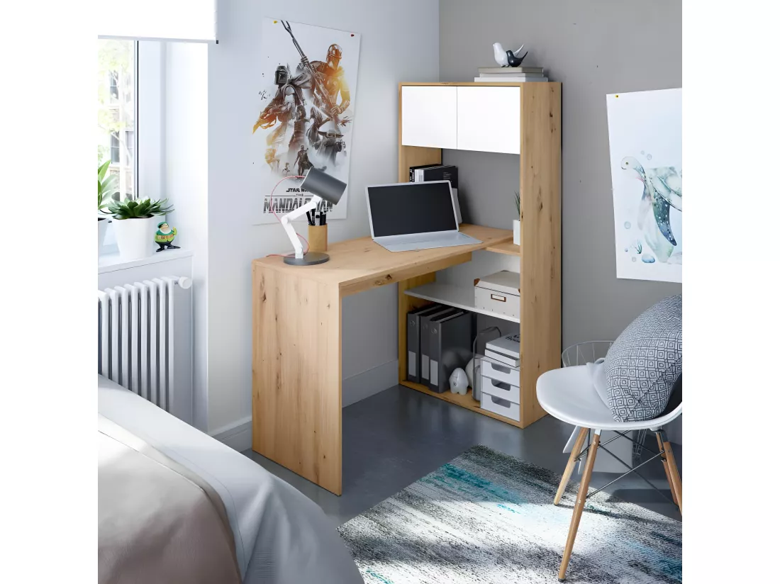 Bureau modulable avec étagères Blanc/Chêne - AIKI