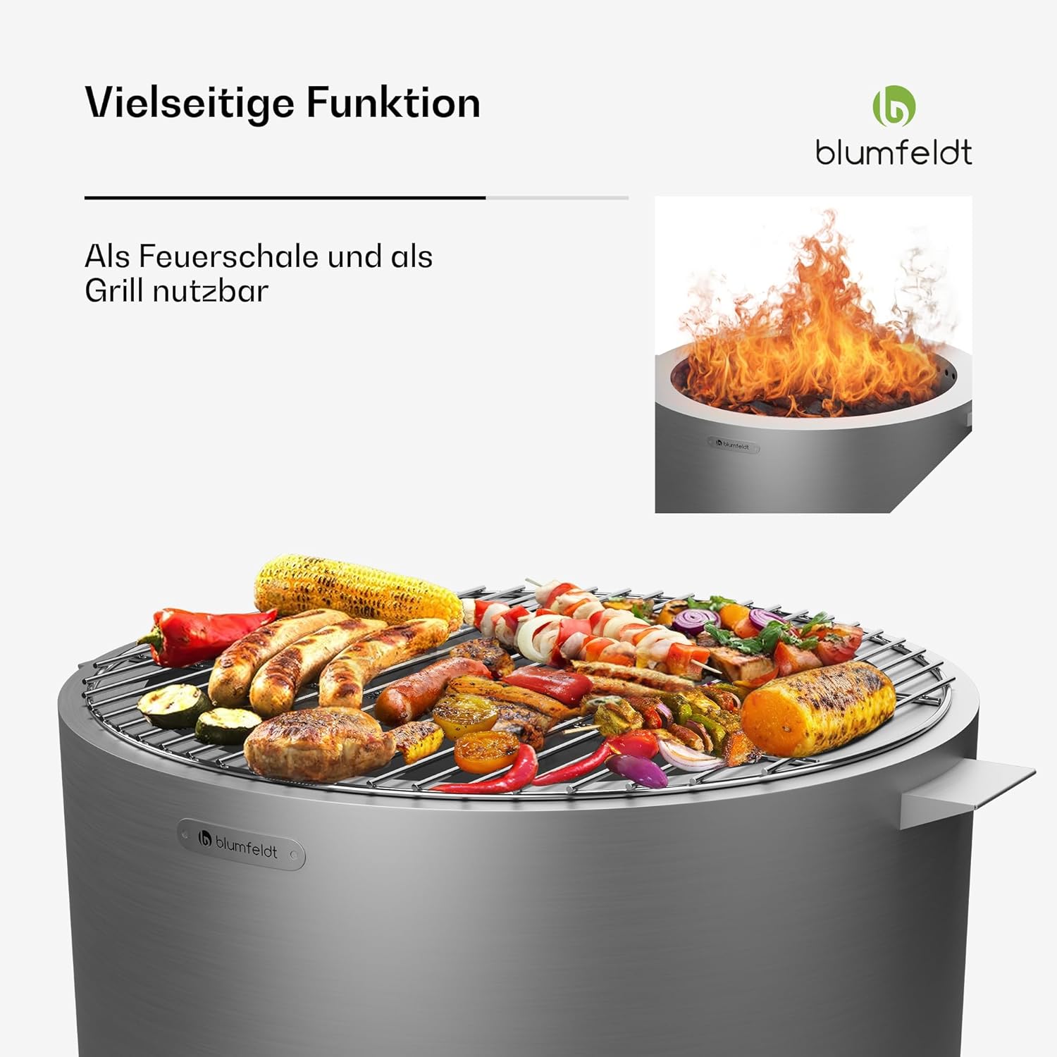 blumfeldt Ignite Pure Feuerschale - Fast Rauchfrei, Edelstahlrahmen, Tragbar & Kompakt, Inkl. Grillrost & Regenschutz, Leicht zu Reinigen, Perfekt für Garten & Camping