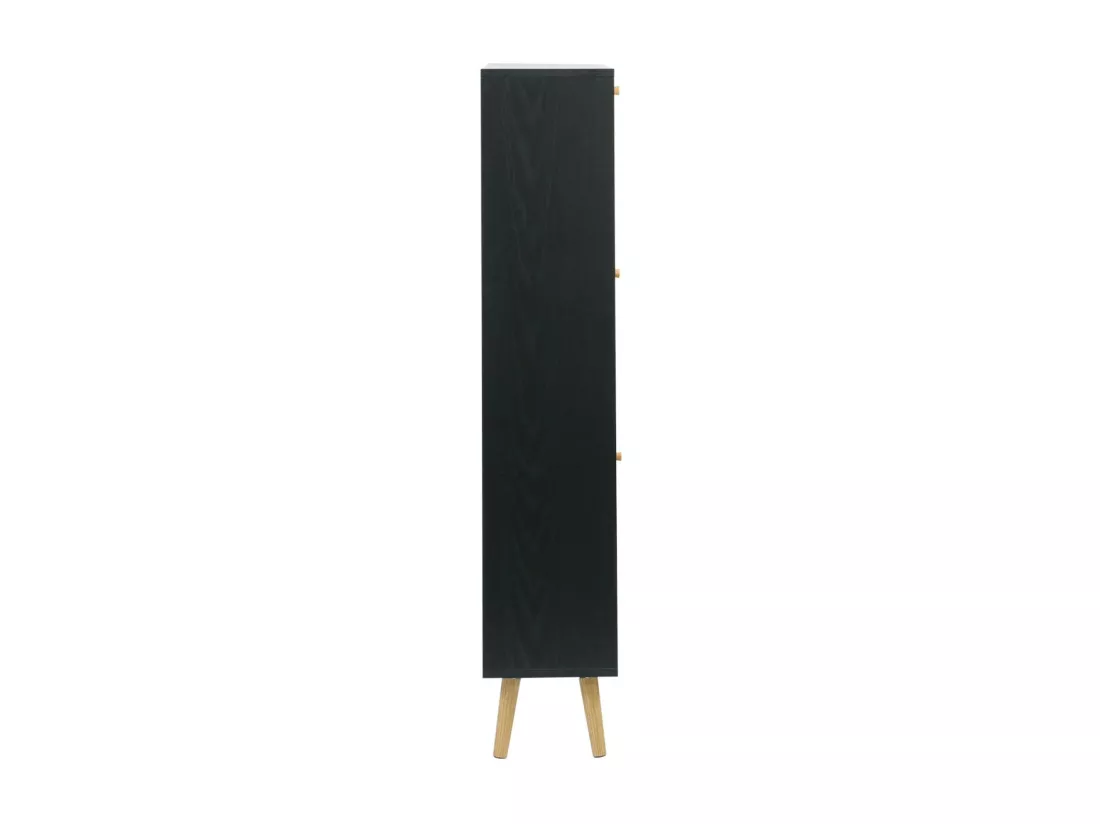 Meuble à chaussure cannage Bohème noir. 3 tiroirs. 1 porte. 21 paires. 120 x 24 x 125 cm