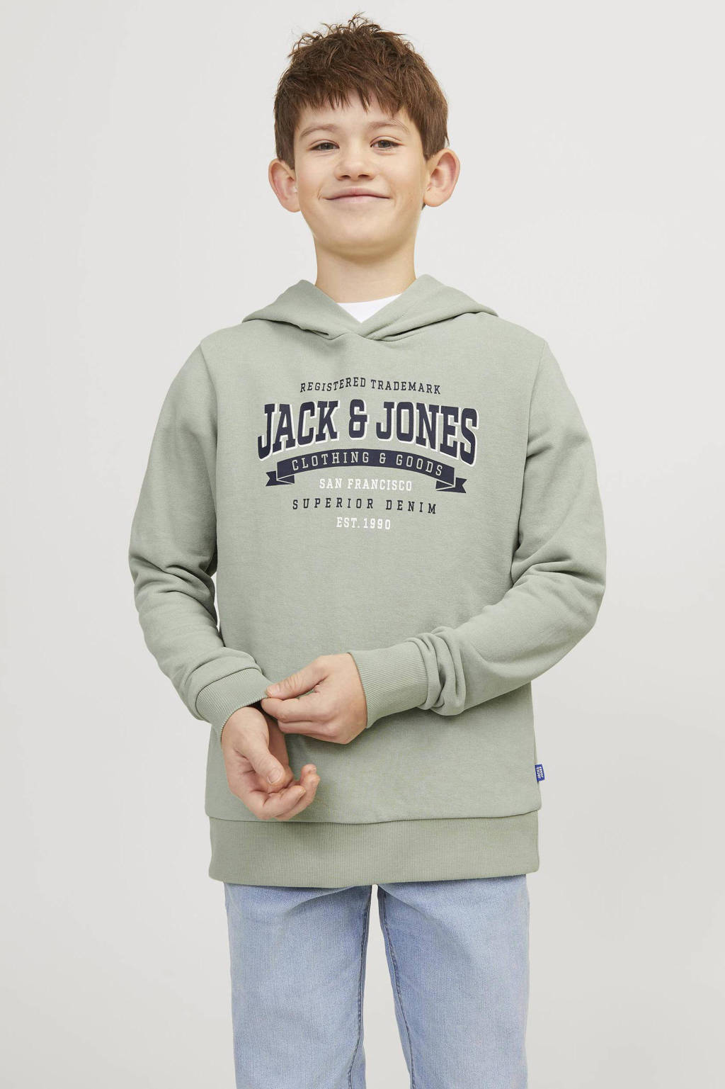 JACK & JONES hoodie JJELOGOmet tekst pistache groen