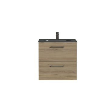 Tiger Studio badkamermeubel 60 cm chalet eiken met wastafel polybeton mat zwart greep rvs afgerond