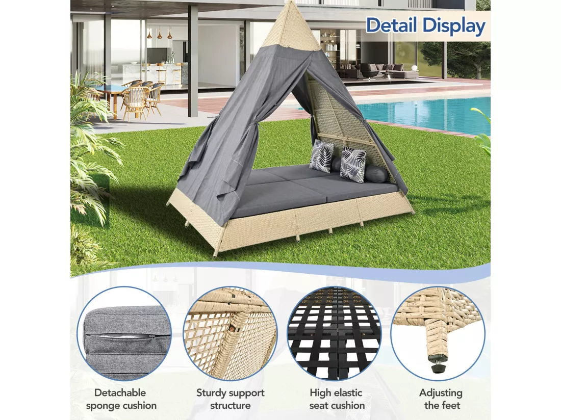Salon de jardin pour 2 à 4 personnes, tente en rotin, rotin beige, rideau de porte gris, coussins amovibles et lavables